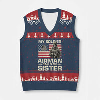 Proud Air Force Sister V-Neck Knit Sweater Vest My Soldier Airman Calls Me Sister US Flag - Wonder Print Shop