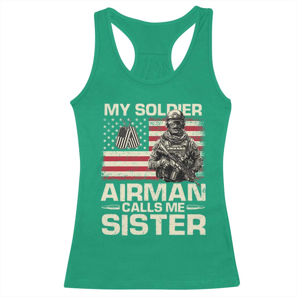 Proud Air Force Sister Racerback Tank Top My Soldier Airman Calls Me Sister US Flag - Wonder Print Shop