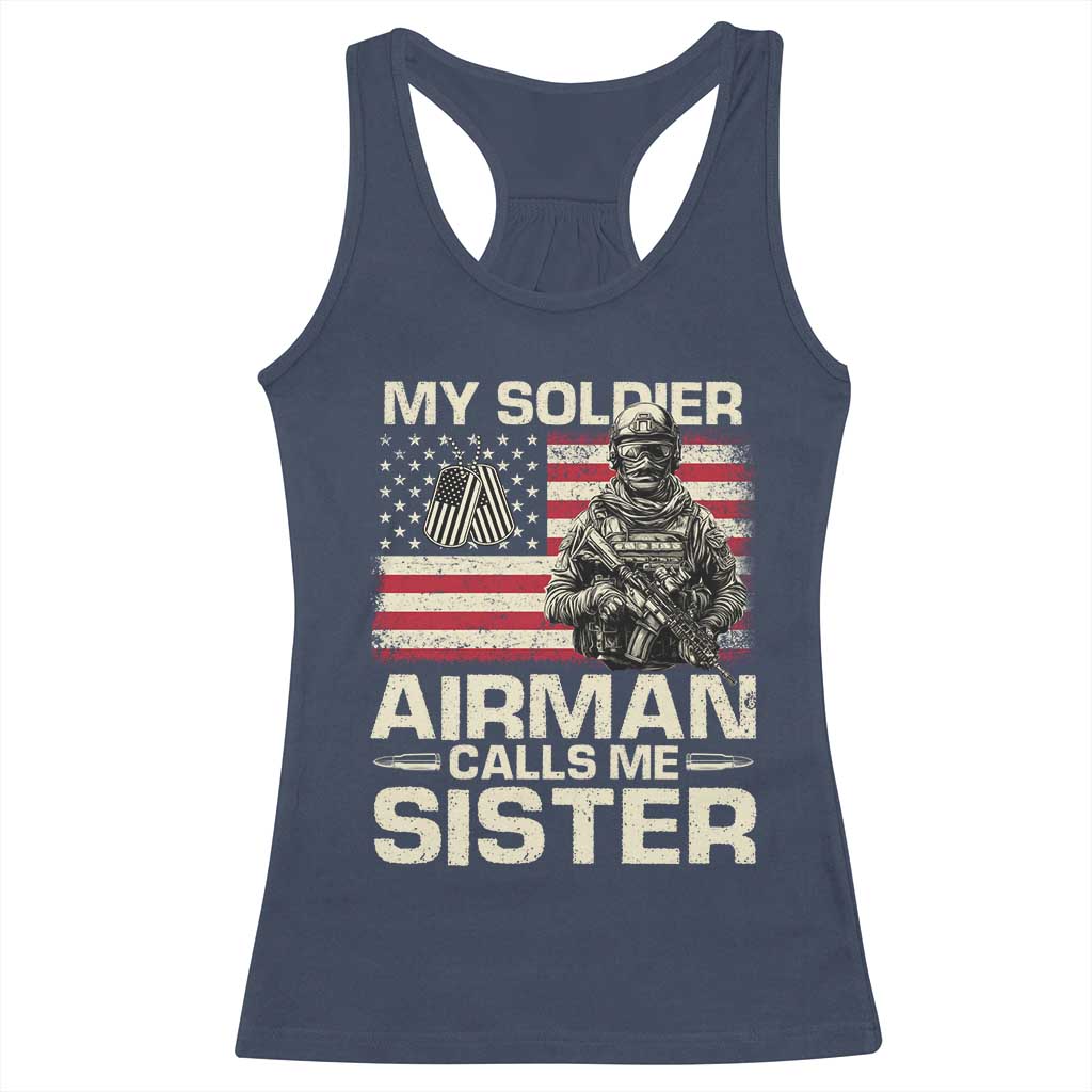 Proud Air Force Sister Racerback Tank Top My Soldier Airman Calls Me Sister US Flag - Wonder Print Shop