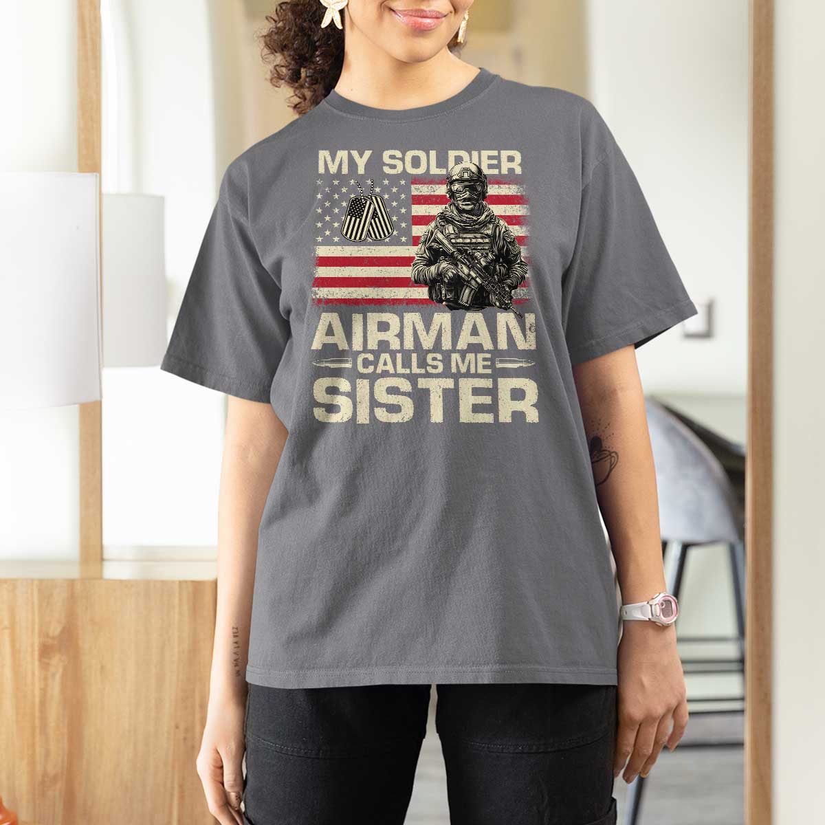 Proud Air Force Sister T Shirt For Women My Soldier Airman Calls Me Sister US Flag - Wonder Print Shop