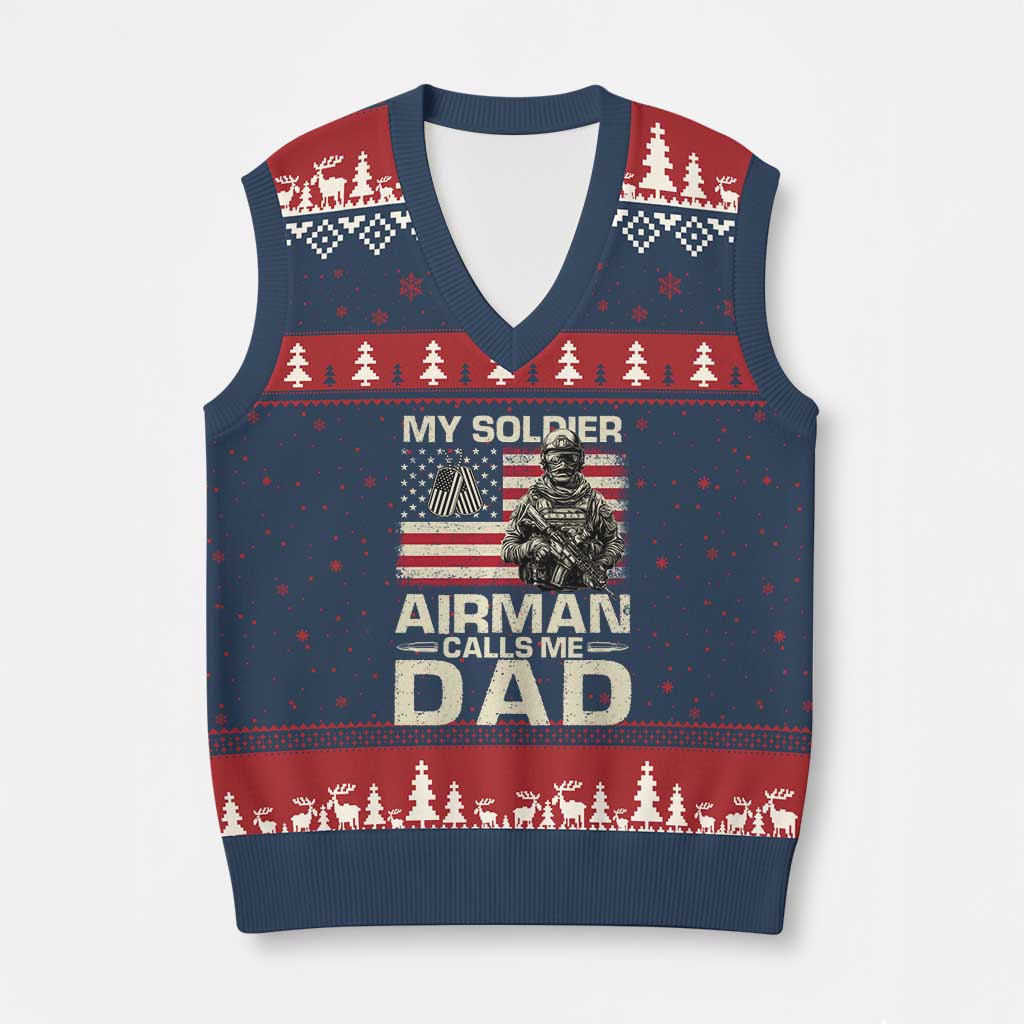 Proud Air Force Dad V-Neck Knit Sweater Vest My Soldier Airman Calls Me Dad US Flag - Wonder Print Shop