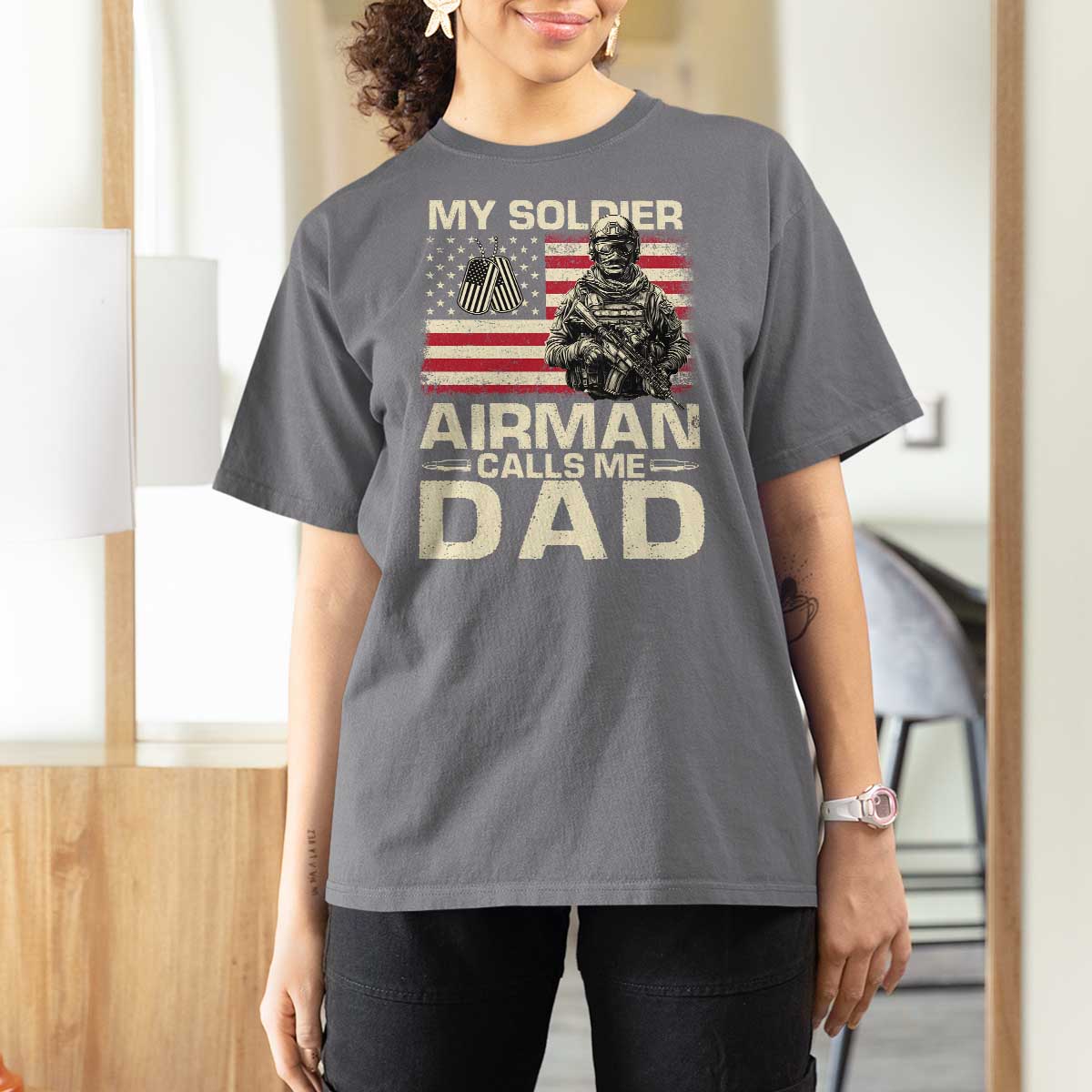 Proud Air Force Dad T Shirt For Women My Soldier Airman Calls Me Dad US Flag - Wonder Print Shop