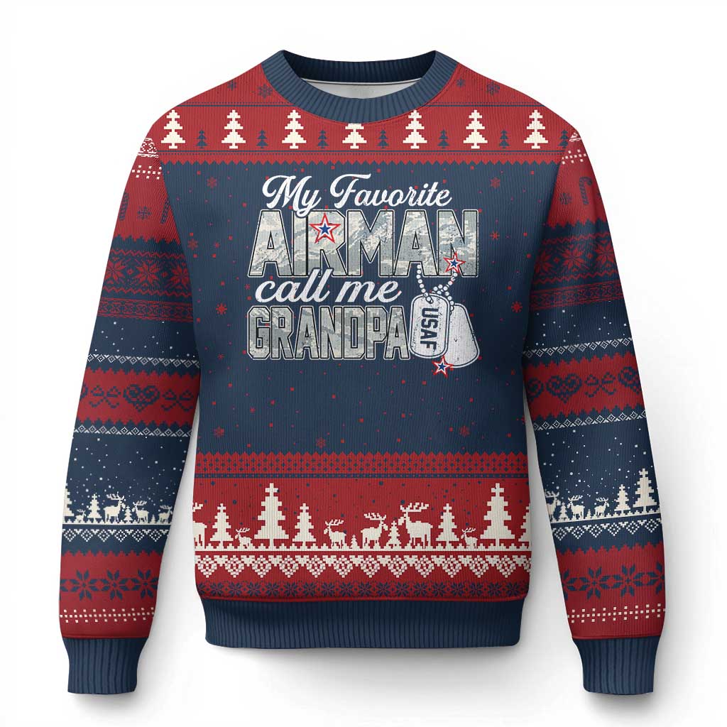 Proud Air Force Family Ugly Christmas Sweater My Favorite Airman Calls Me Grandpa - Wonder Print Shop