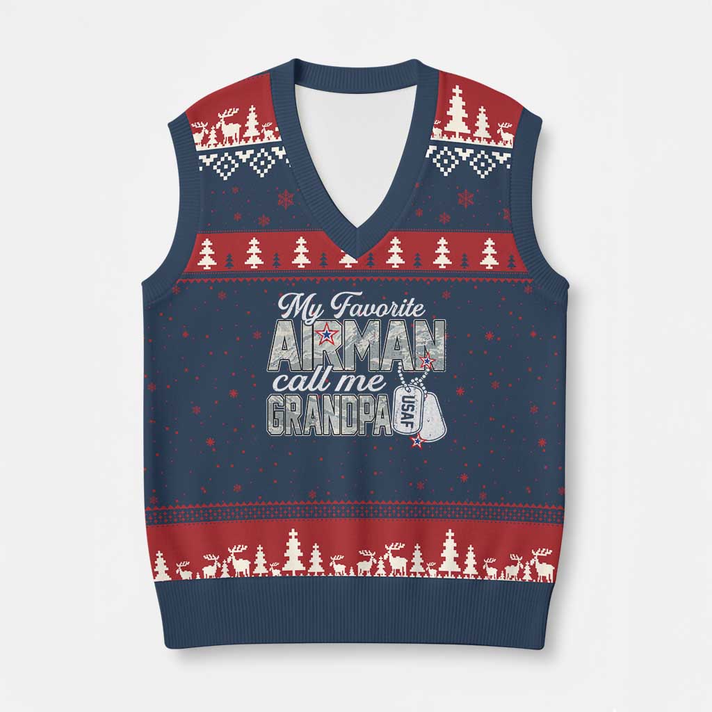 Proud Air Force Family V-Neck Knit Sweater Vest My Favorite Airman Calls Me Grandpa - Wonder Print Shop