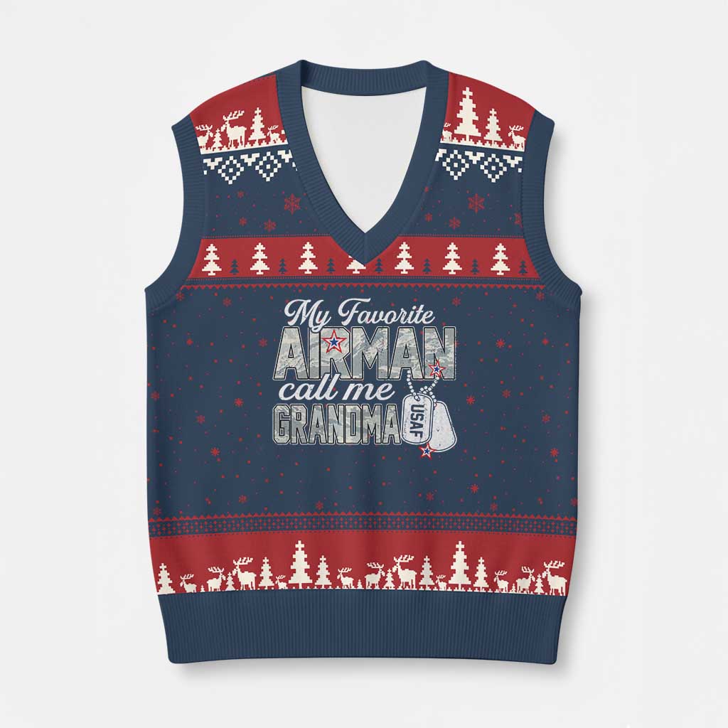 Proud Air Force Family V-Neck Knit Sweater Vest My Favorite Airman Calls Me Grandma - Wonder Print Shop