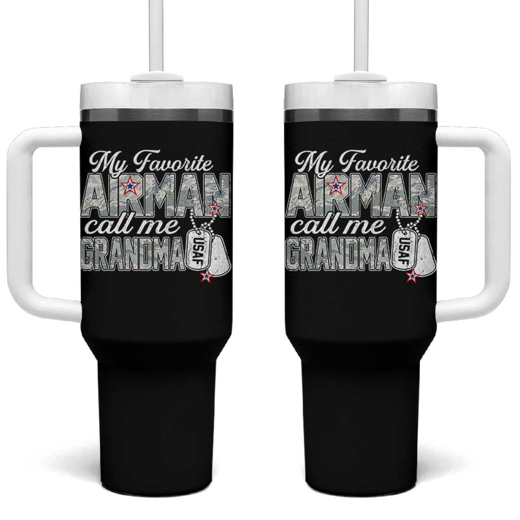 Proud Air Force Family Tumbler With Handle My Favorite Airman Calls Me Grandma - Wonder Print Shop