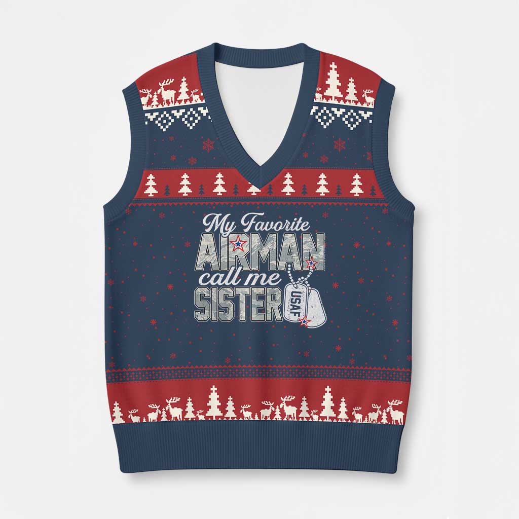 Proud Air Force Family V-Neck Knit Sweater Vest My Favorite Airman Calls Me Sister - Wonder Print Shop