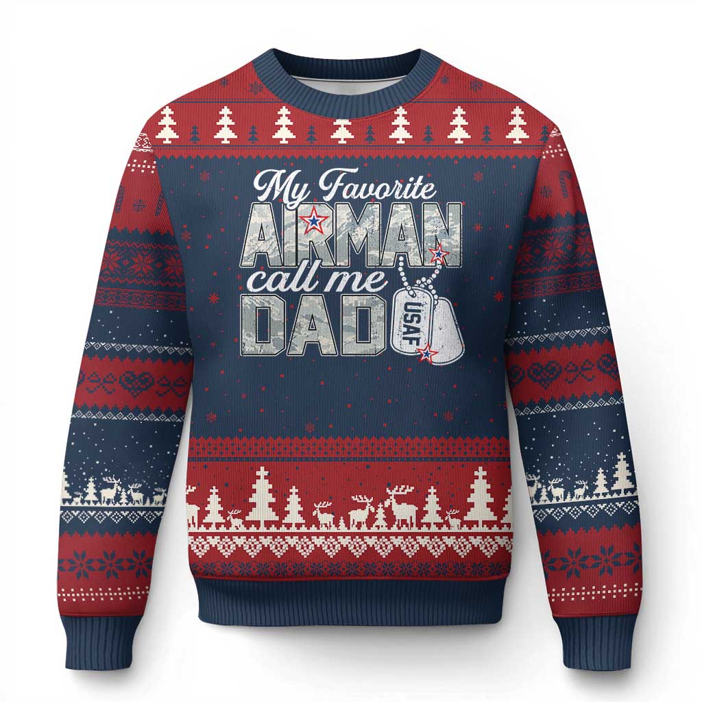 Proud Air Force Family Ugly Christmas Sweater My Favorite Airman Calls Me Dad - Wonder Print Shop