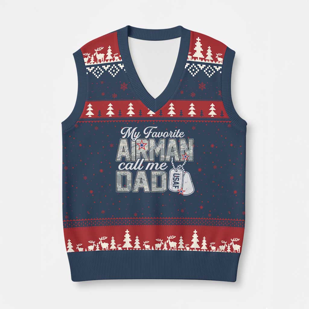 Proud Air Force Family V-Neck Knit Sweater Vest My Favorite Airman Calls Me Dad - Wonder Print Shop