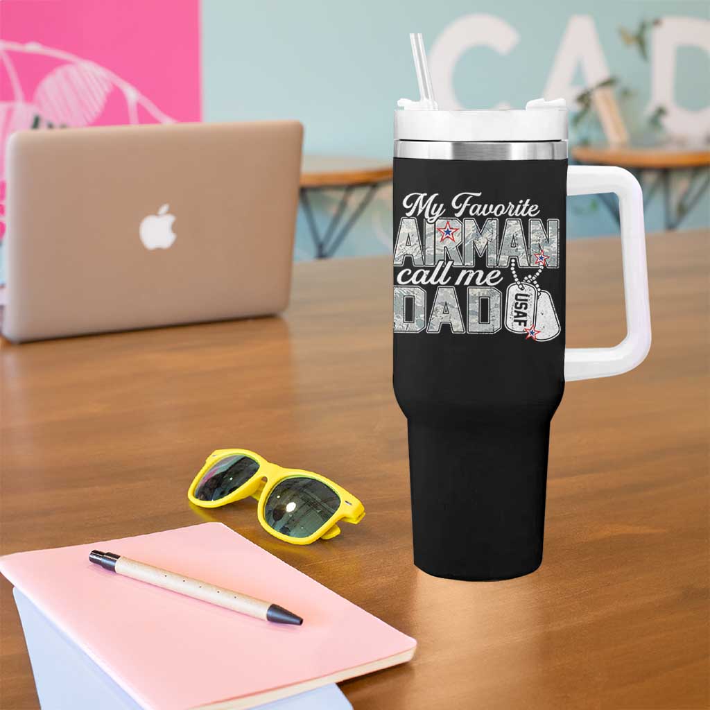Proud Air Force Family Tumbler With Handle My Favorite Airman Calls Me Dad - Wonder Print Shop