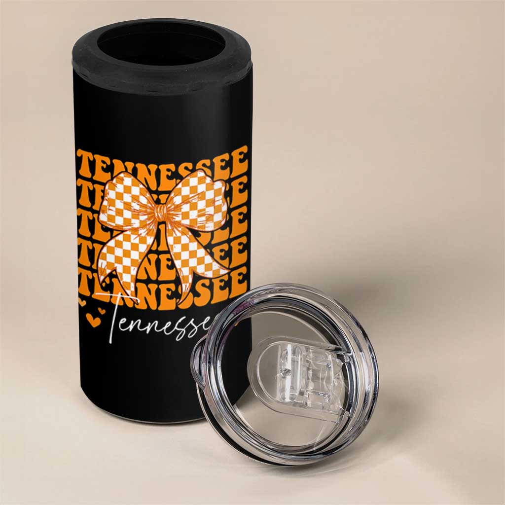 Vintage Tennessee Coquette Bow 4 in 1 Can Cooler Tumbler Retro TN Orange Checkered Print US State