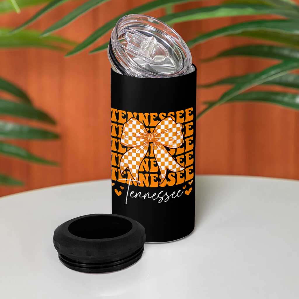 Vintage Tennessee Coquette Bow 4 in 1 Can Cooler Tumbler Retro TN Orange Checkered Print US State