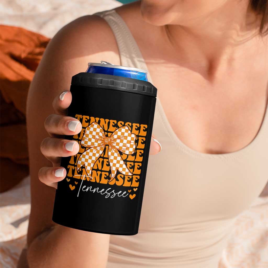Vintage Tennessee Coquette Bow 4 in 1 Can Cooler Tumbler Retro TN Orange Checkered Print US State