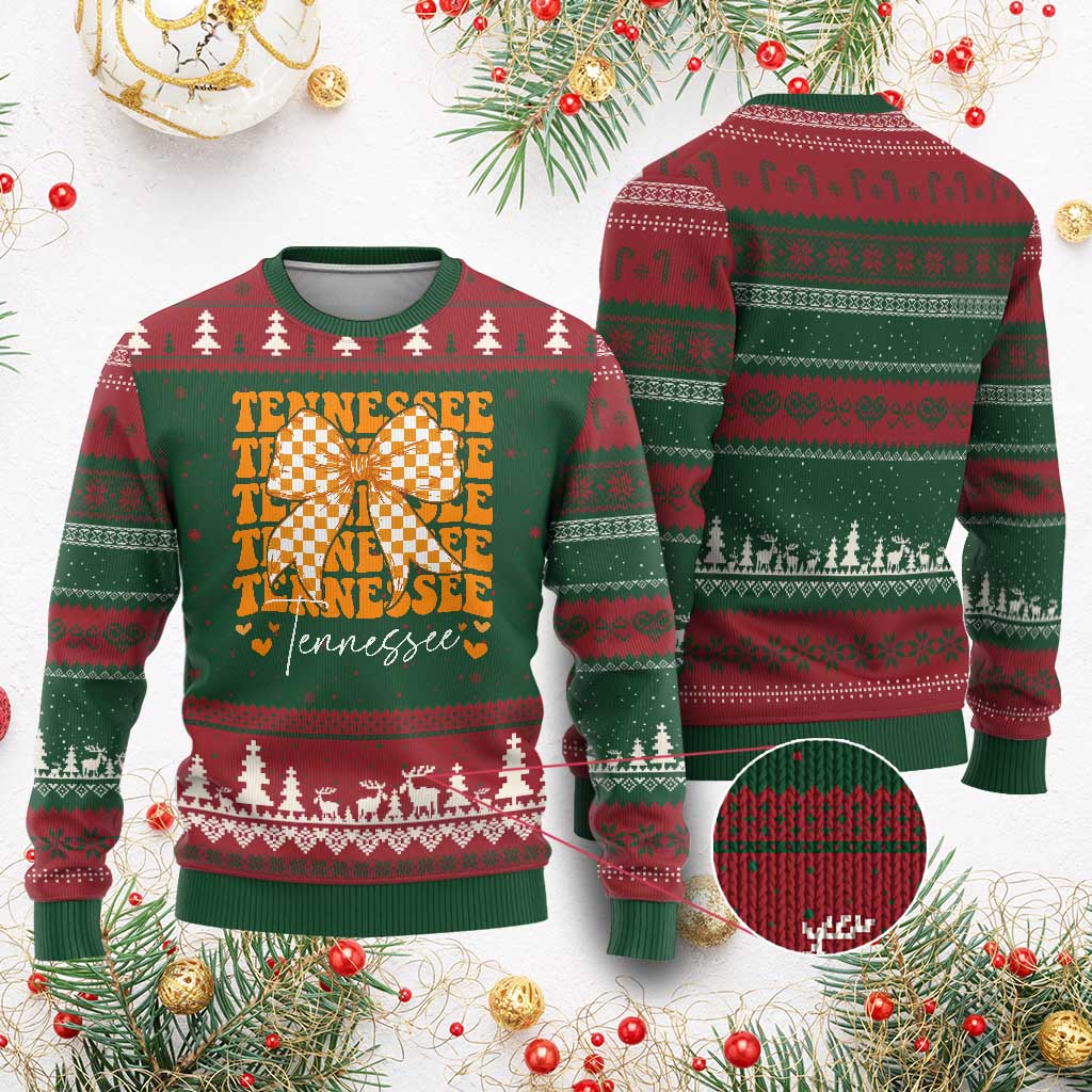 Vintage Tennessee Coquette Bow Ugly Christmas Sweater Retro TN Orange Checkered Print US State