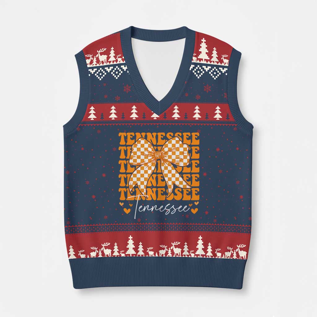Vintage Tennessee Coquette Bow V-Neck Knit Sweater Vest Retro TN Orange Checkered Print US State