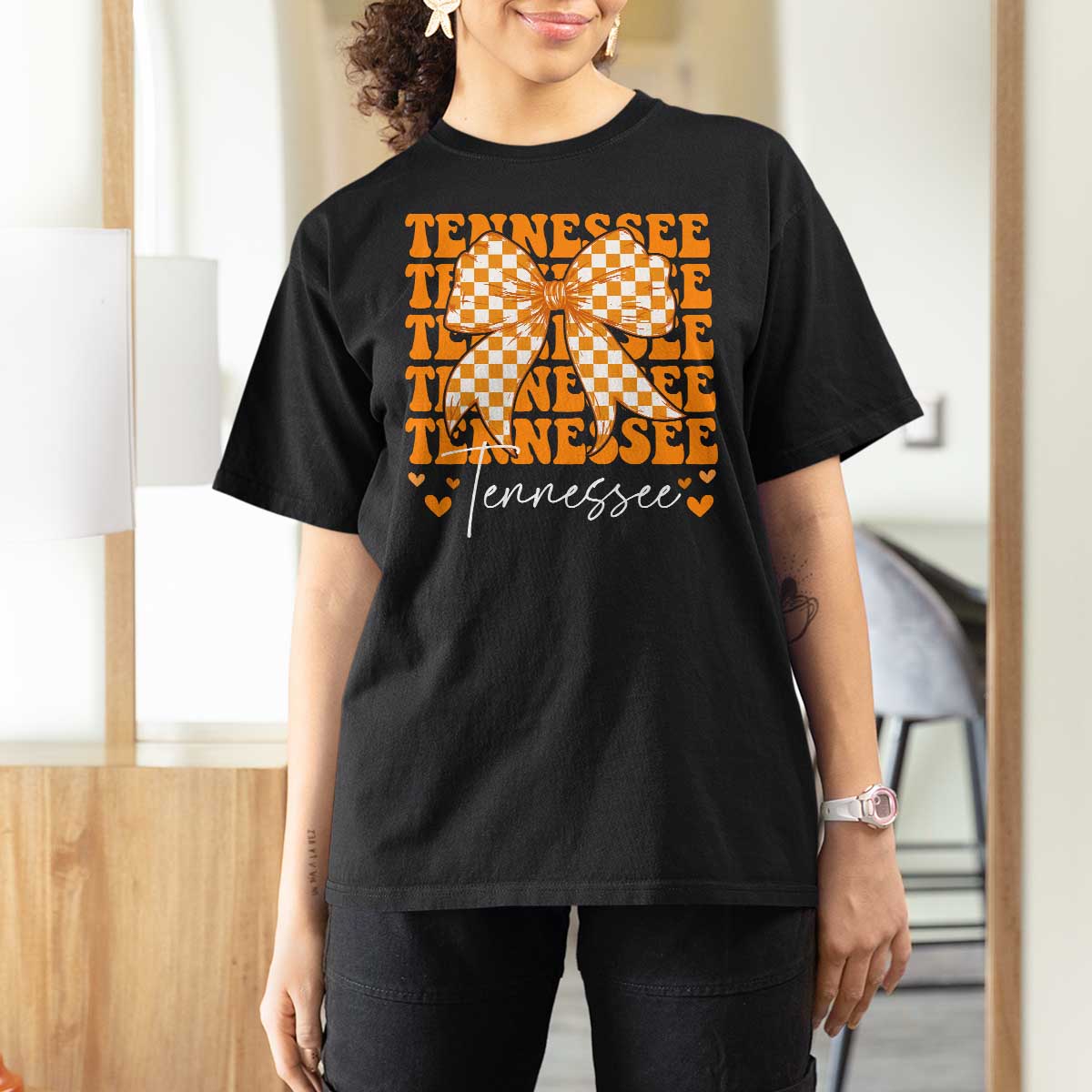 Vintage Tennessee Coquette Bow T Shirt For Women Retro TN Orange Checkered Print US State