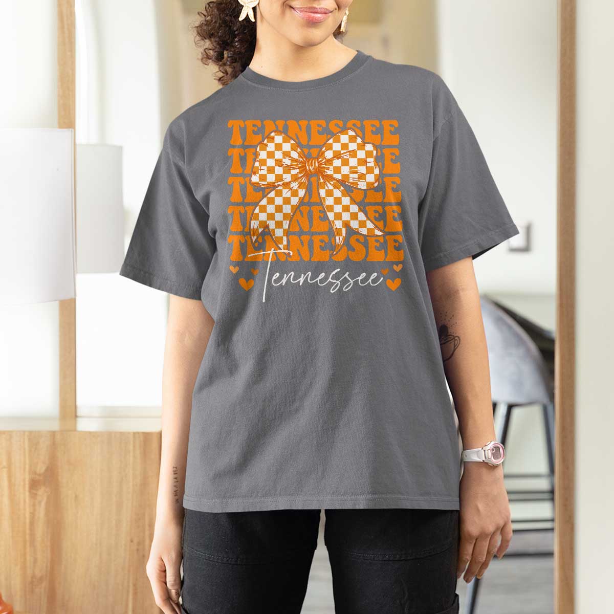 Vintage Tennessee Coquette Bow T Shirt For Women Retro TN Orange Checkered Print US State