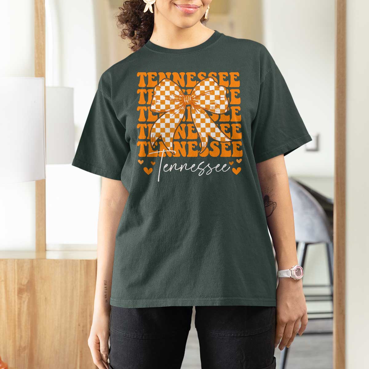 Vintage Tennessee Coquette Bow T Shirt For Women Retro TN Orange Checkered Print US State