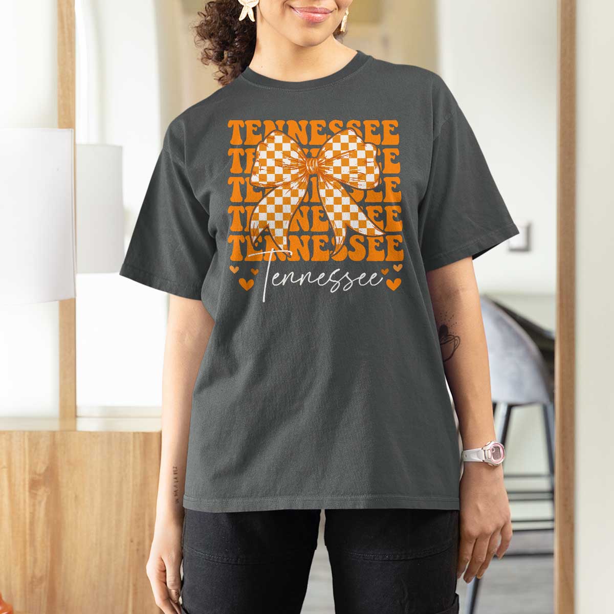 Vintage Tennessee Coquette Bow T Shirt For Women Retro TN Orange Checkered Print US State