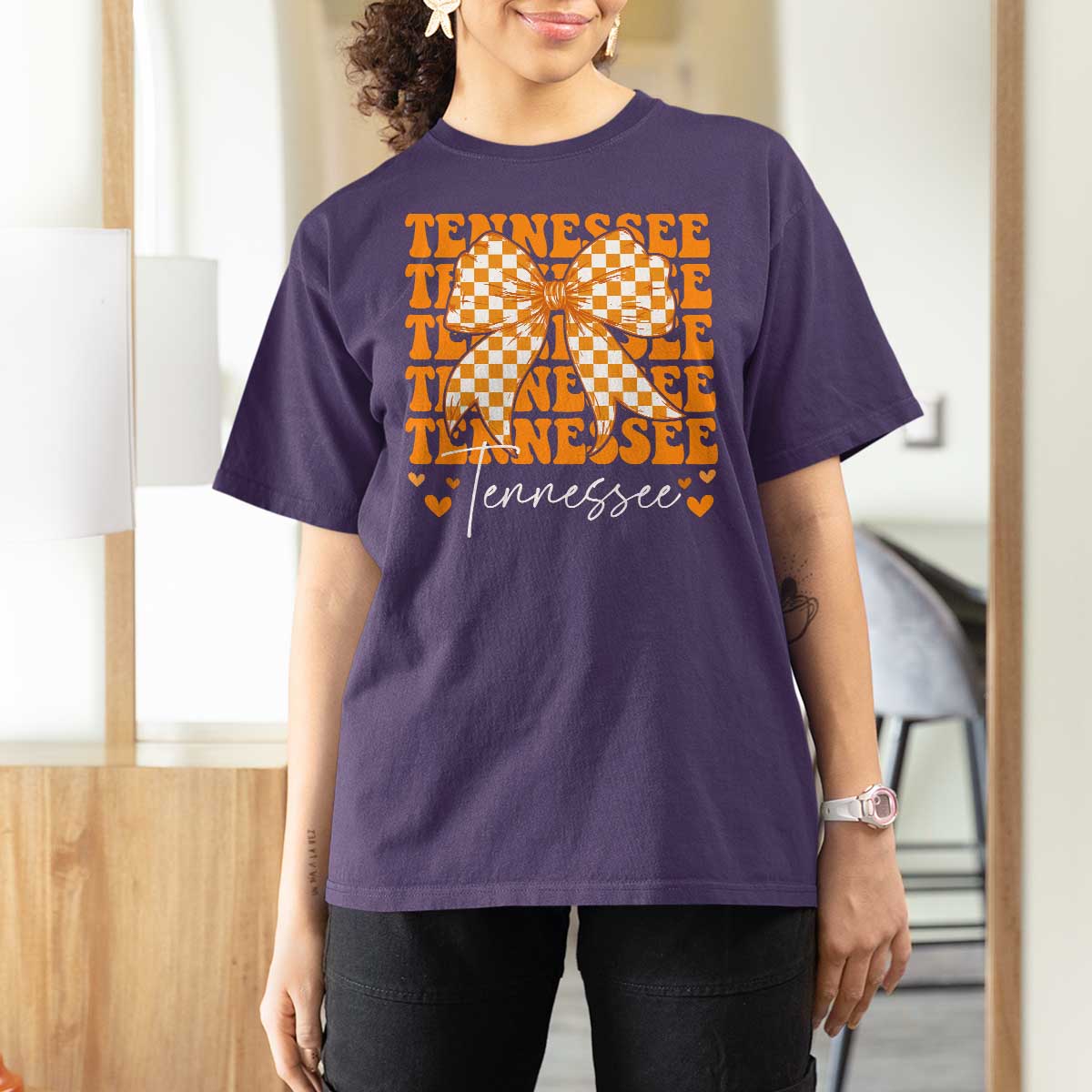 Vintage Tennessee Coquette Bow T Shirt For Women Retro TN Orange Checkered Print US State