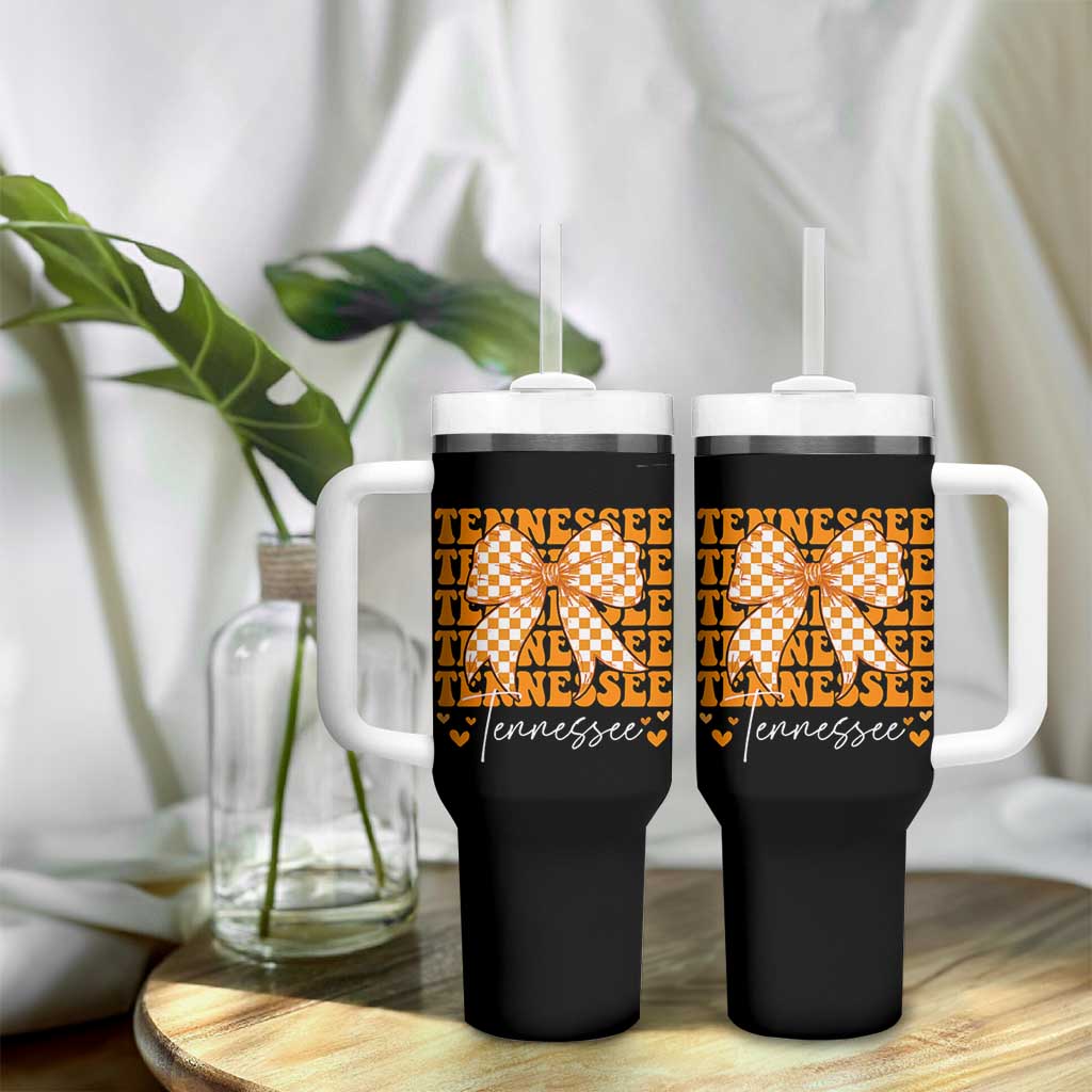 Vintage Tennessee Coquette Bow Tumbler With Handle Retro TN Orange Checkered Print US State