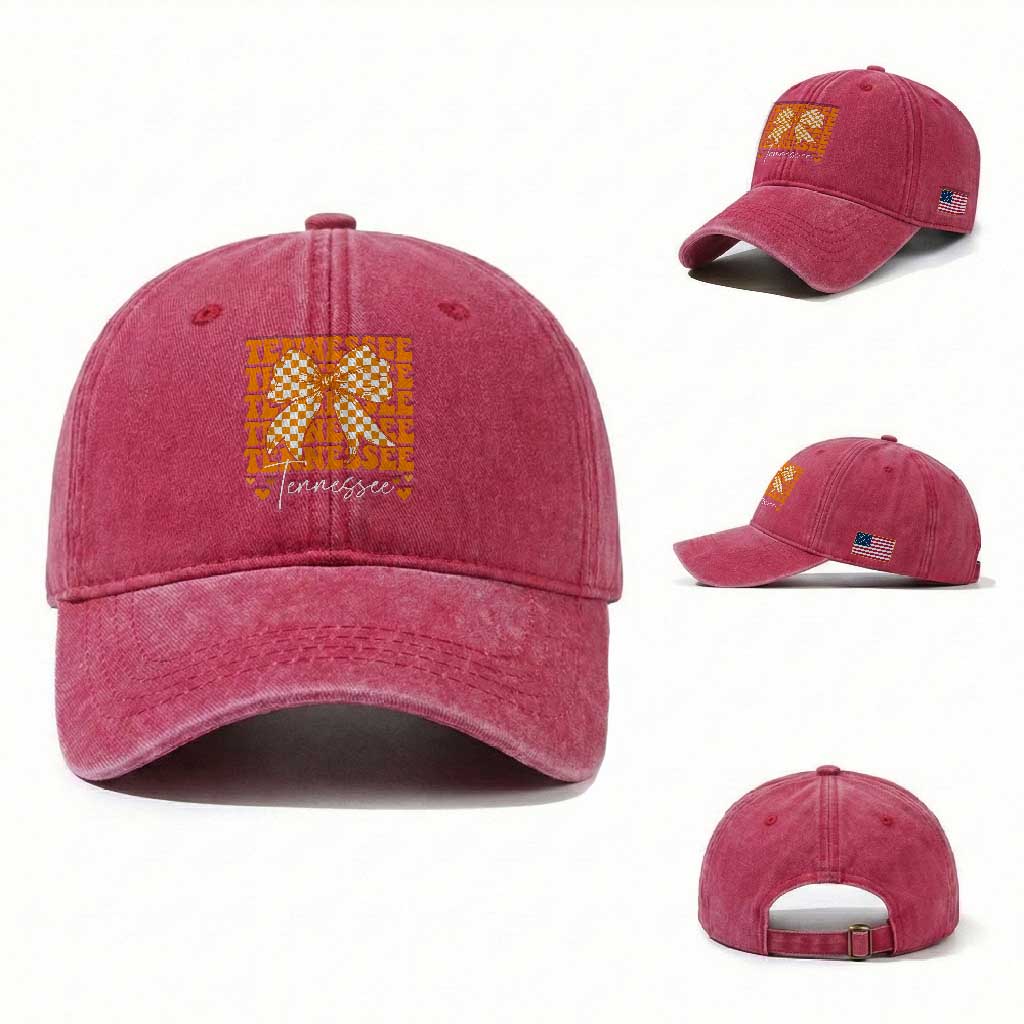 Vintage Tennessee Coquette Bow Washed Cotton Baseball Cap Retro TN Orange Checkered Print US State