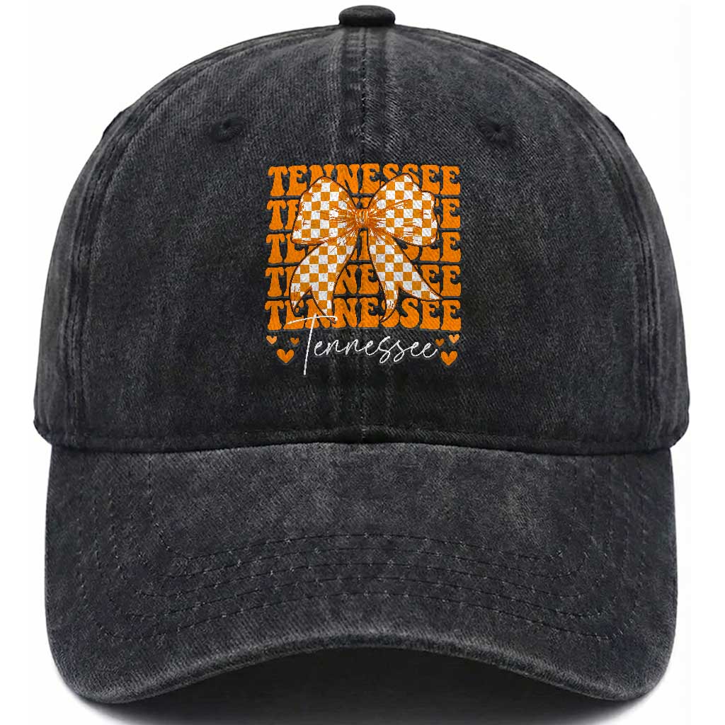 Vintage Tennessee Coquette Bow Washed Cotton Baseball Cap Retro TN Orange Checkered Print US State