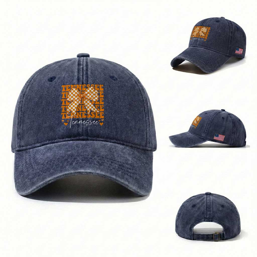 Vintage Tennessee Coquette Bow Washed Cotton Baseball Cap Retro TN Orange Checkered Print US State