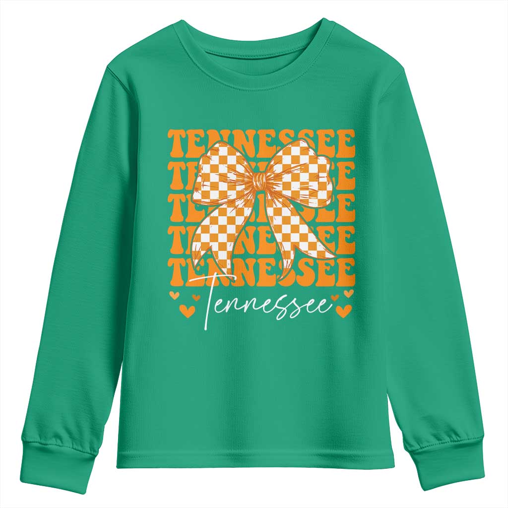Vintage Tennessee Coquette Bow Youth Sweatshirt Retro TN Orange Checkered Print US State