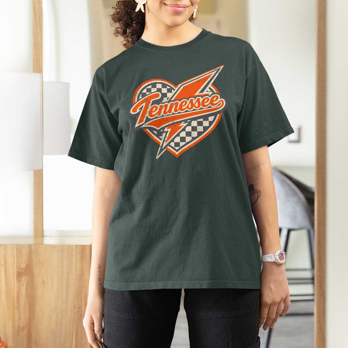 Vintage Tennessee T Shirt For Women Checkered Heart Love TN Orange US State
