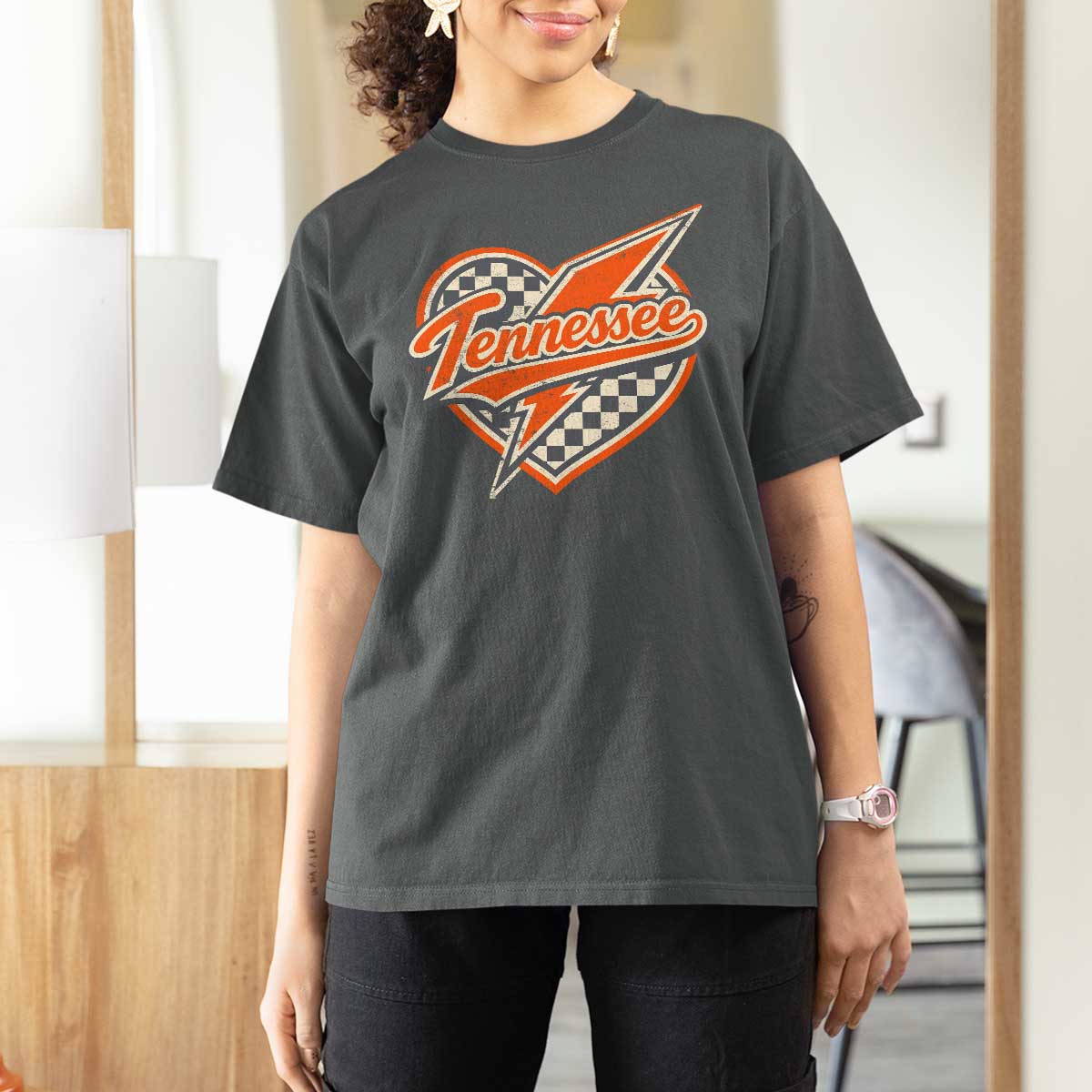 Vintage Tennessee T Shirt For Women Checkered Heart Love TN Orange US State