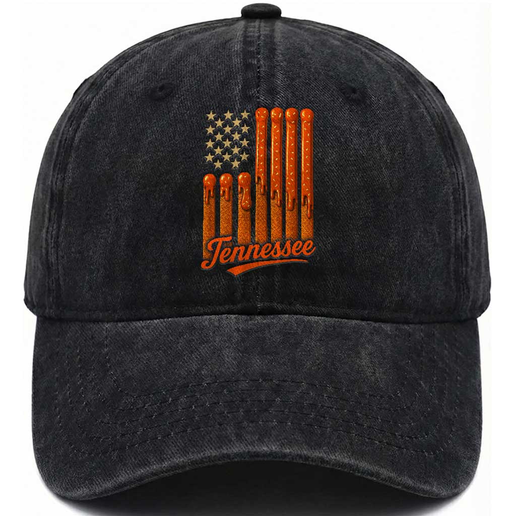 Vintage Tennessee Washed Cotton Baseball Cap Orange Dripping Flag Vintage State Pride Sports Fan Patriotic