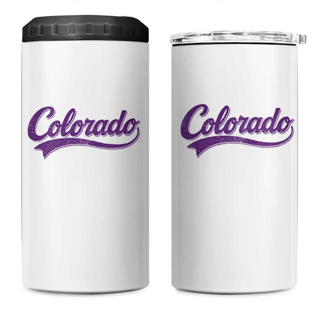 Colorado Purple Script Vintage State Pride Retro Sports Fan Graphic 4 in 1 Can Cooler Tumbler
