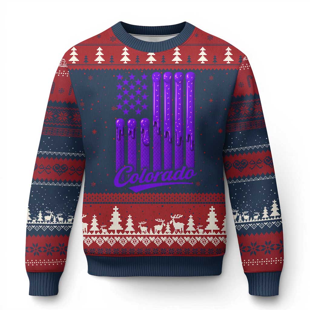 Vintage Colorado Ugly Christmas Sweater Purple Dripping Flag Vintage State Pride Sports Fan Patriotic