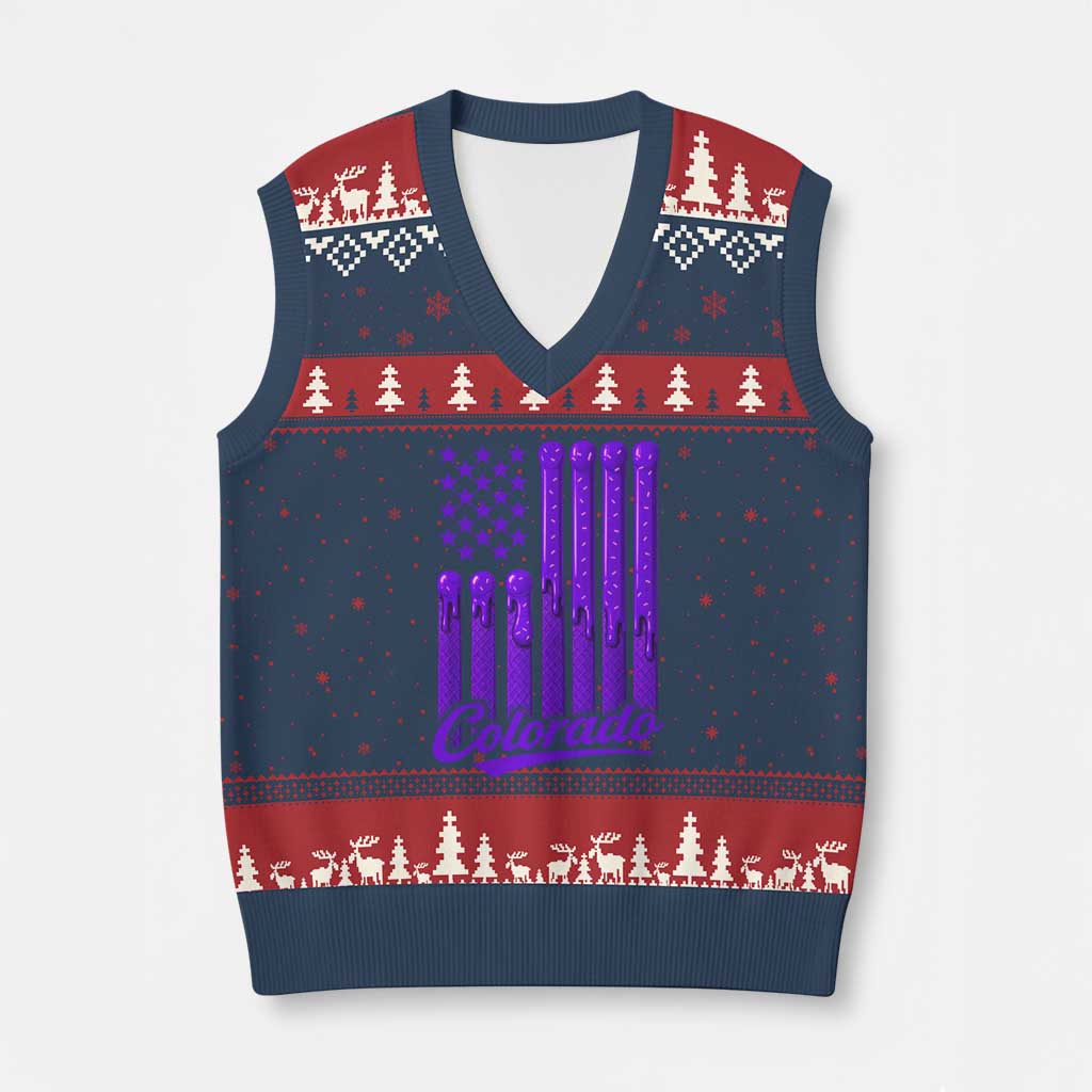 Vintage Colorado V-Neck Knit Sweater Vest Purple Dripping Flag Vintage State Pride Sports Fan Patriotic