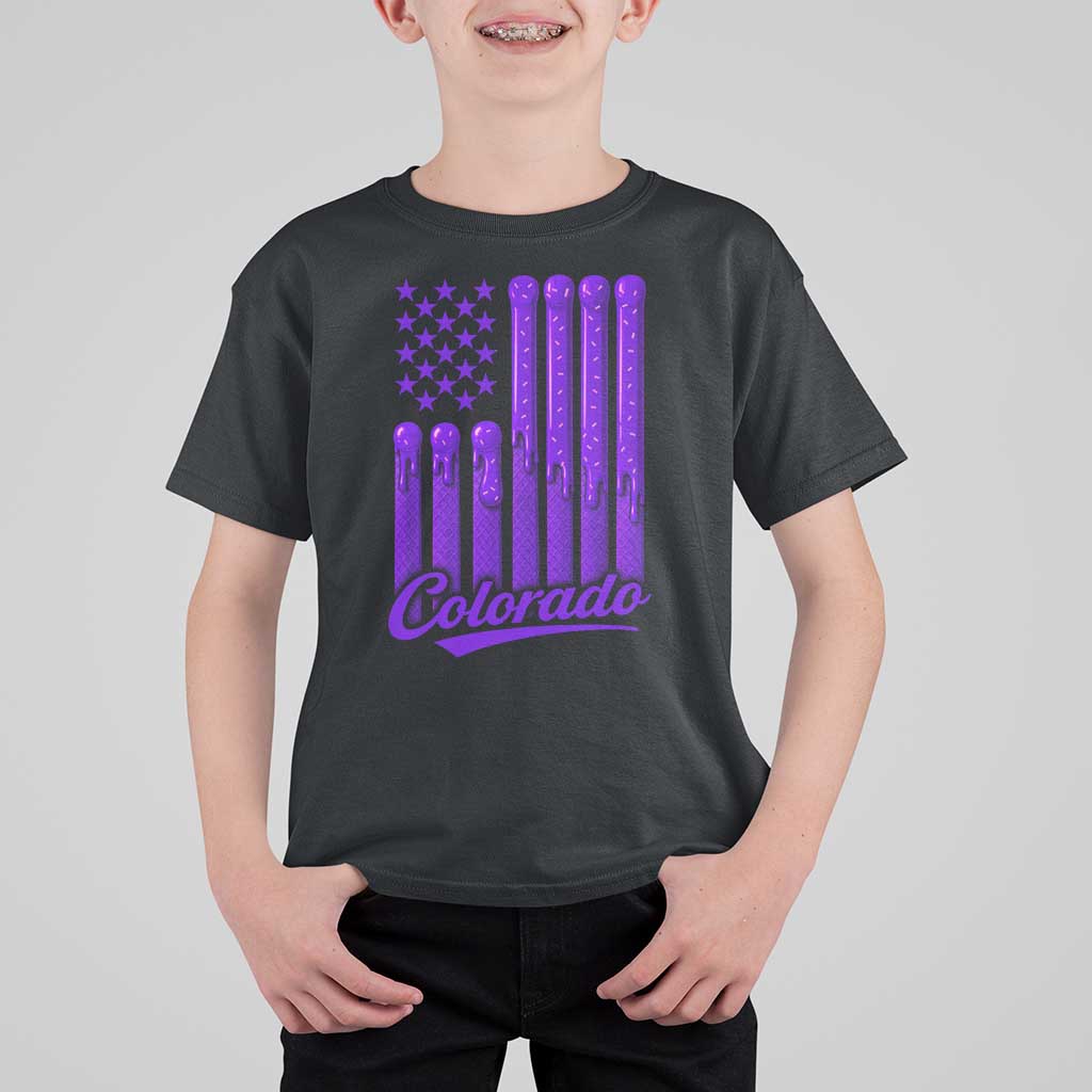 Vintage Colorado T Shirt For Kid Purple Dripping Flag Vintage State Pride Sports Fan Patriotic