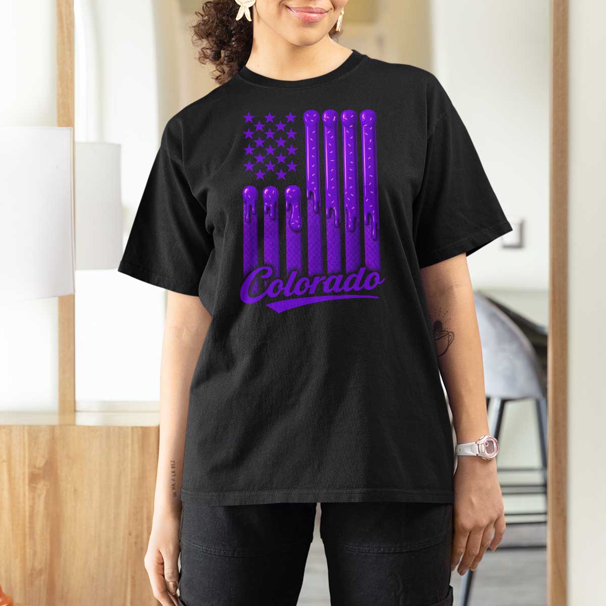 Vintage Colorado T Shirt For Women Purple Dripping Flag Vintage State Pride Sports Fan Patriotic