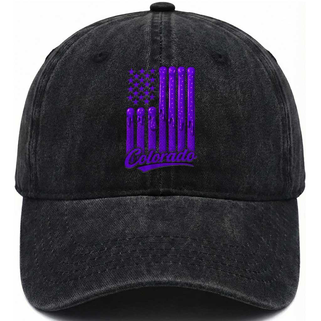 Vintage Colorado Washed Cotton Baseball Cap Purple Dripping Flag Vintage State Pride Sports Fan Patriotic