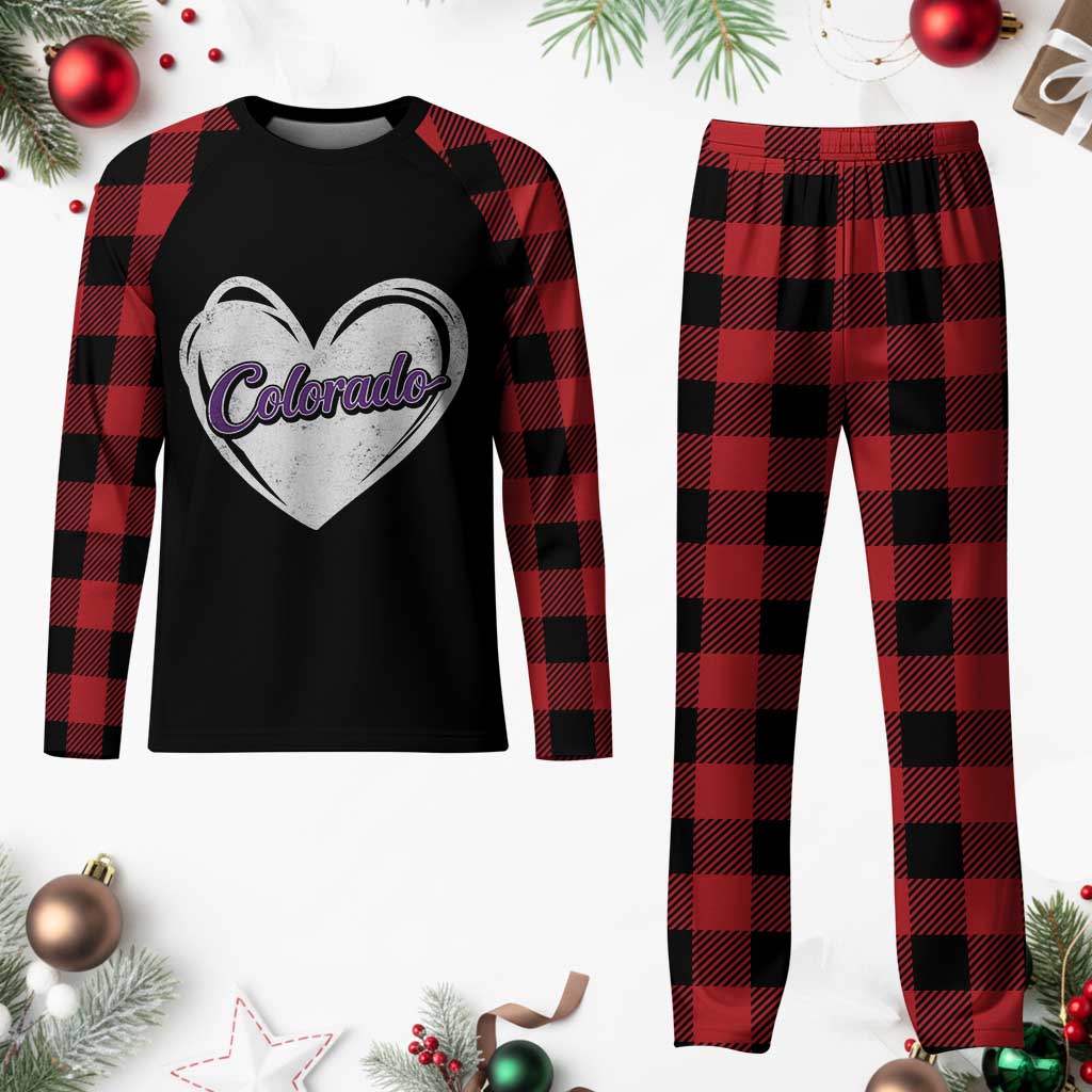 Vintage Colorado Plaid Pajama Set Purple Heart Vintage Script State Pride Retro Sports Fan