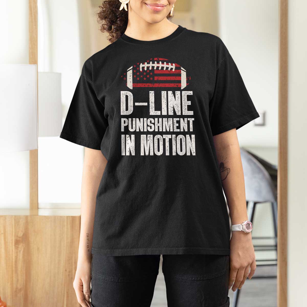 Football Defensive Lineman T Shirt For Women D Line Punishment In Motion American Flag - Wonder Print Shop