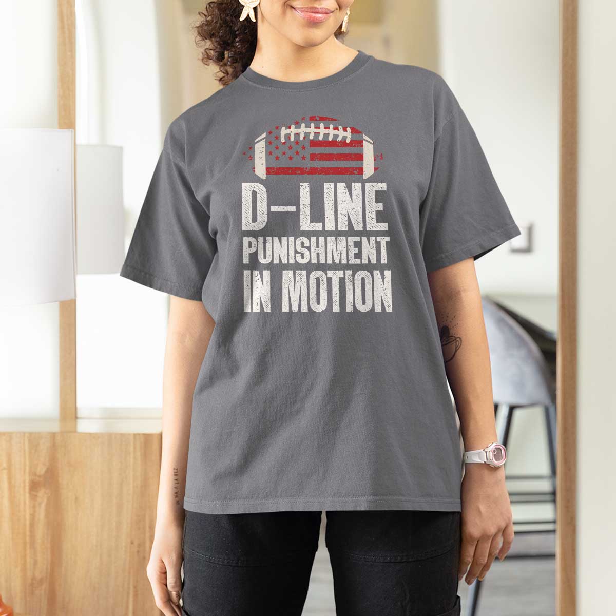 Football Defensive Lineman T Shirt For Women D Line Punishment In Motion American Flag - Wonder Print Shop