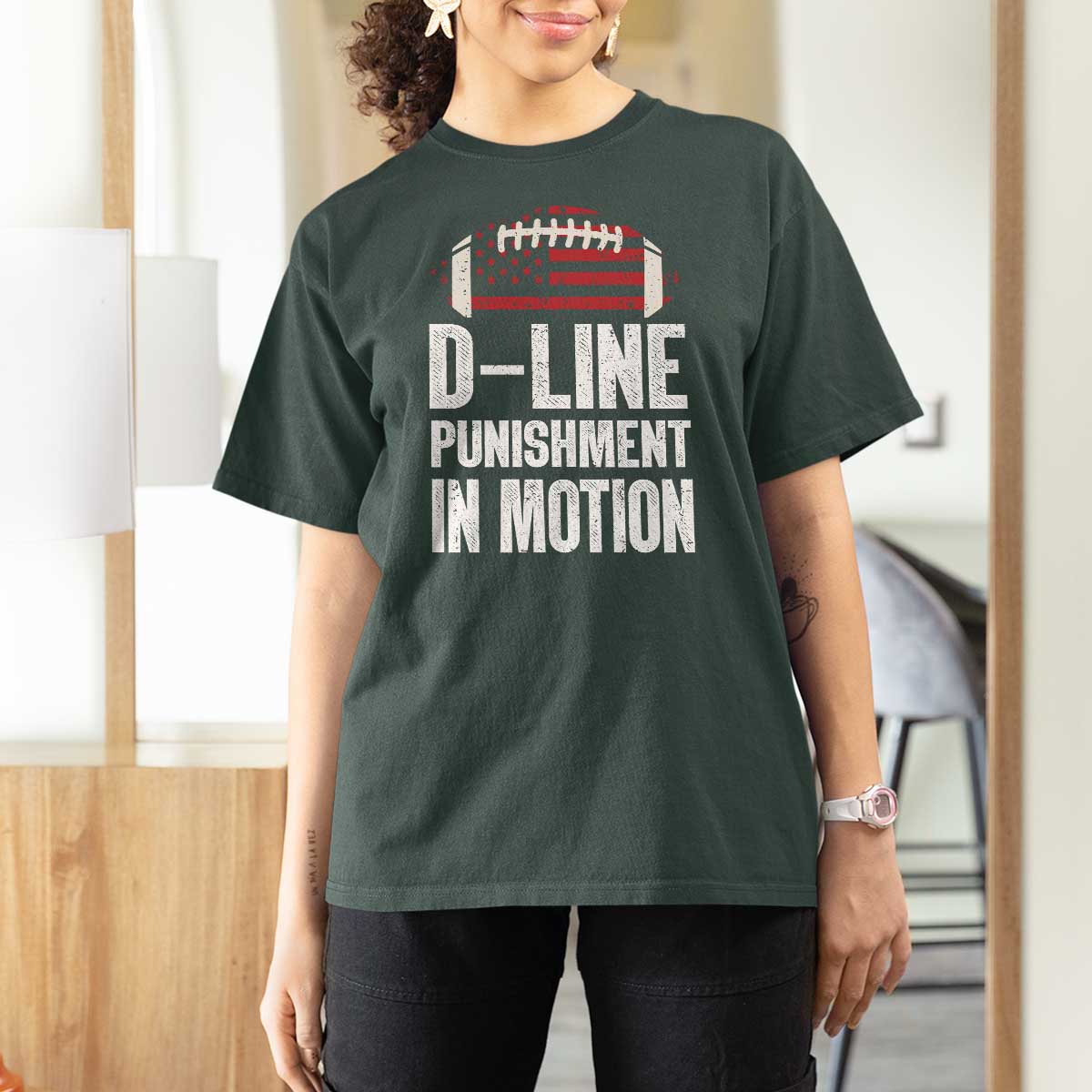 Football Defensive Lineman T Shirt For Women D Line Punishment In Motion American Flag - Wonder Print Shop