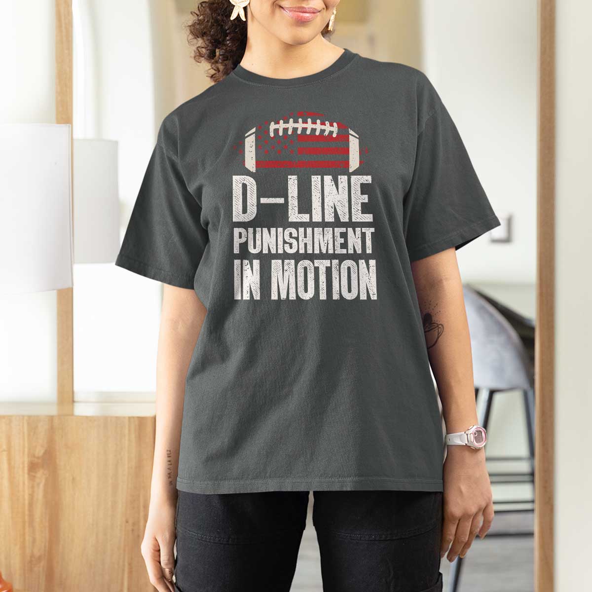 Football Defensive Lineman T Shirt For Women D Line Punishment In Motion American Flag - Wonder Print Shop