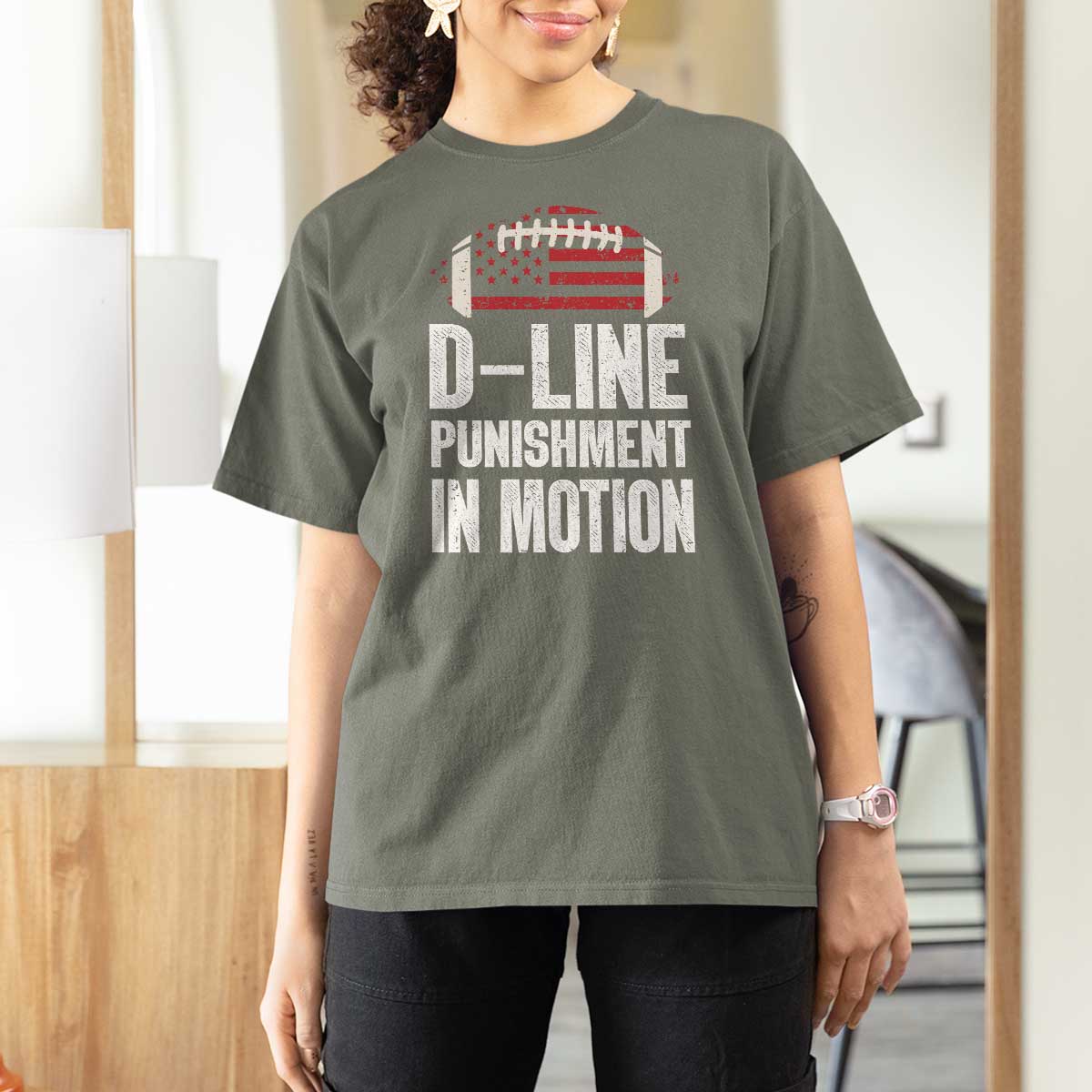 Football Defensive Lineman T Shirt For Women D Line Punishment In Motion American Flag - Wonder Print Shop