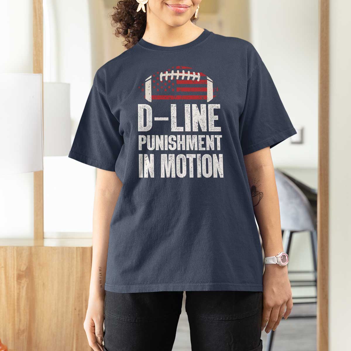 Football Defensive Lineman T Shirt For Women D Line Punishment In Motion American Flag - Wonder Print Shop
