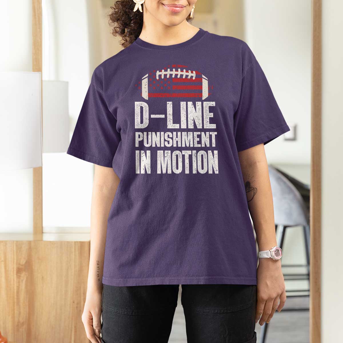Football Defensive Lineman T Shirt For Women D Line Punishment In Motion American Flag - Wonder Print Shop