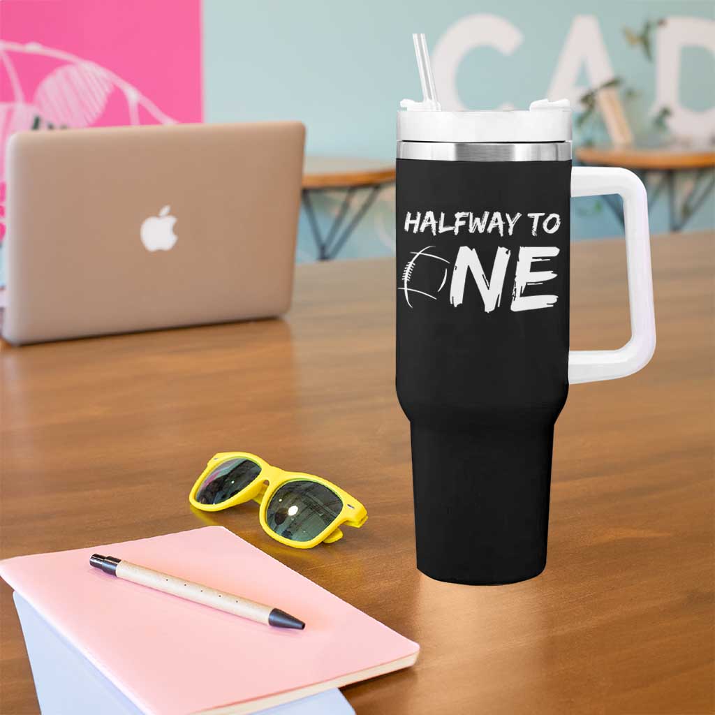 HalfWay To One Tumbler With Handle Baby Boy 1/2 Birthday Outfits Football - Wonder Print Shop