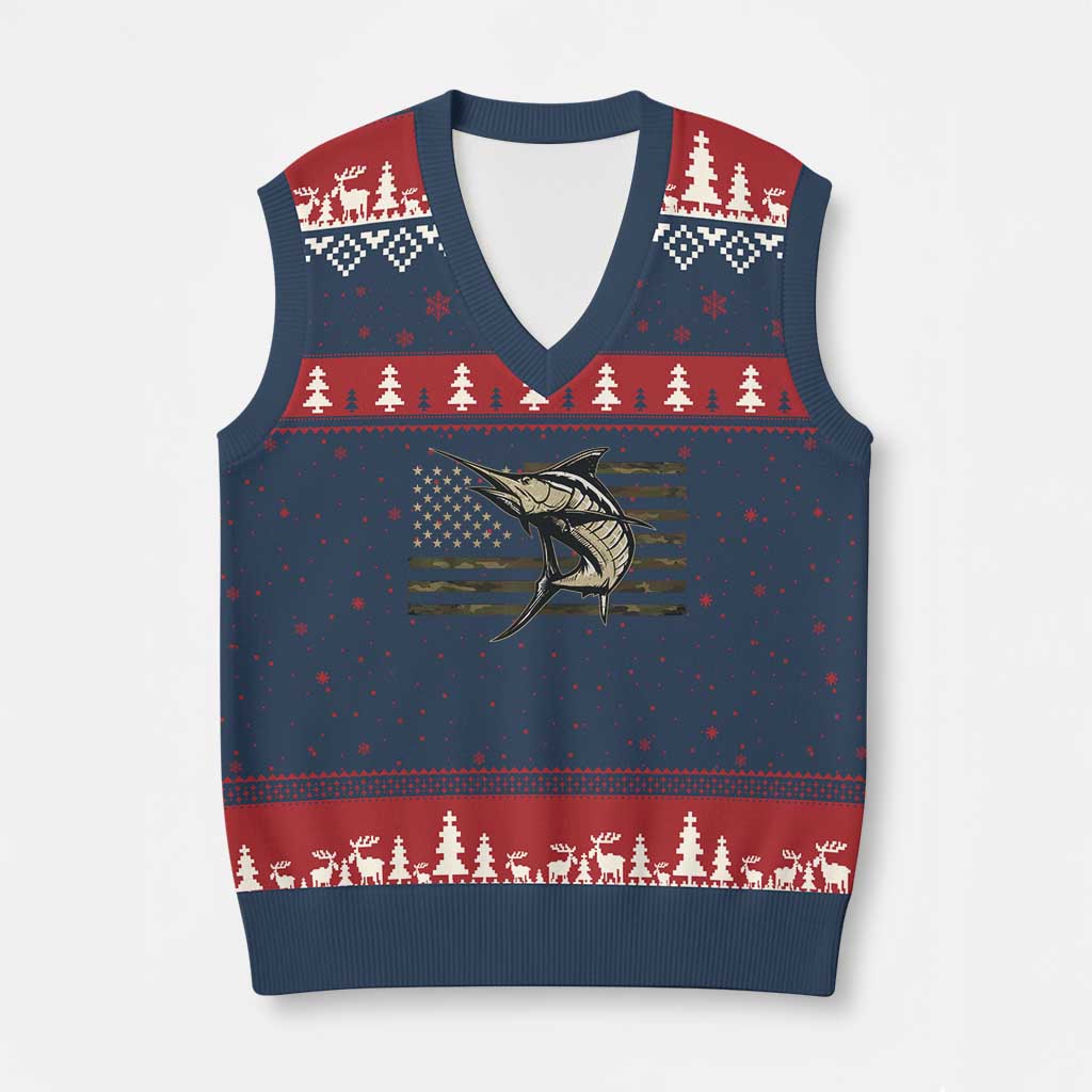 Fishing Camouflage US Flag V-Neck Knit Sweater Vest Swordfish Fish Fisherman Camo - Wonder Print Shop