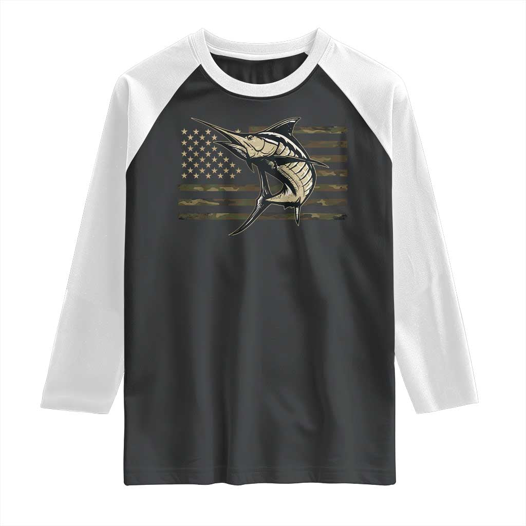Fishing Camouflage US Flag Raglan Shirt Swordfish Fish Fisherman Camo - Wonder Print Shop