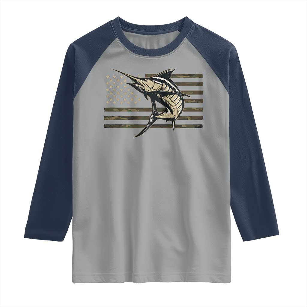 Fishing Camouflage US Flag Raglan Shirt Swordfish Fish Fisherman Camo - Wonder Print Shop